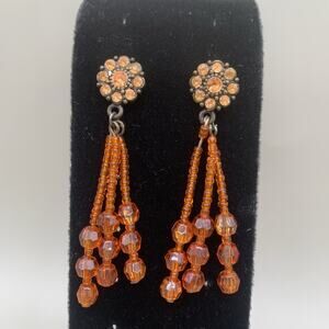 Vintage 1970s Orange Beaded Dangle Earrings Rhinestone Stud Chandelier